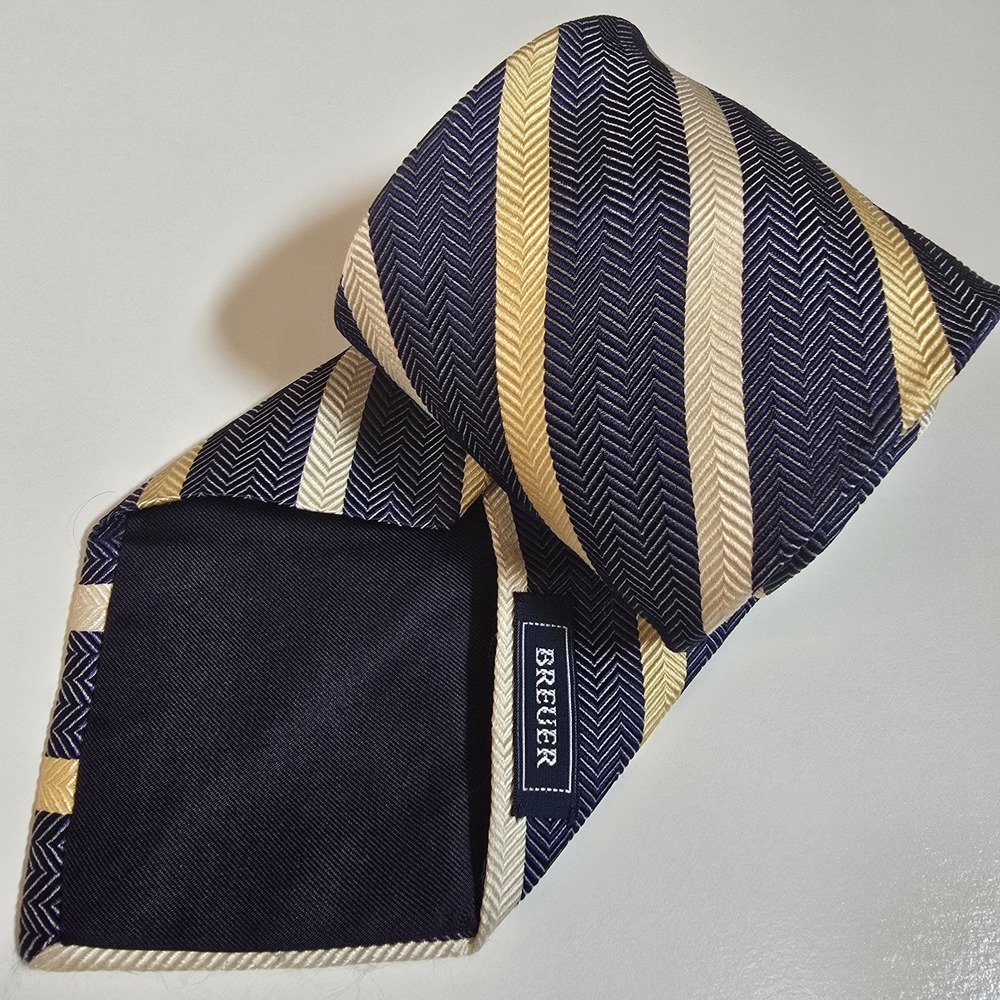 BREUER Men's‎ Woven Silk Neck Tie 60x3.675" Gold Navy White Made France Handmade